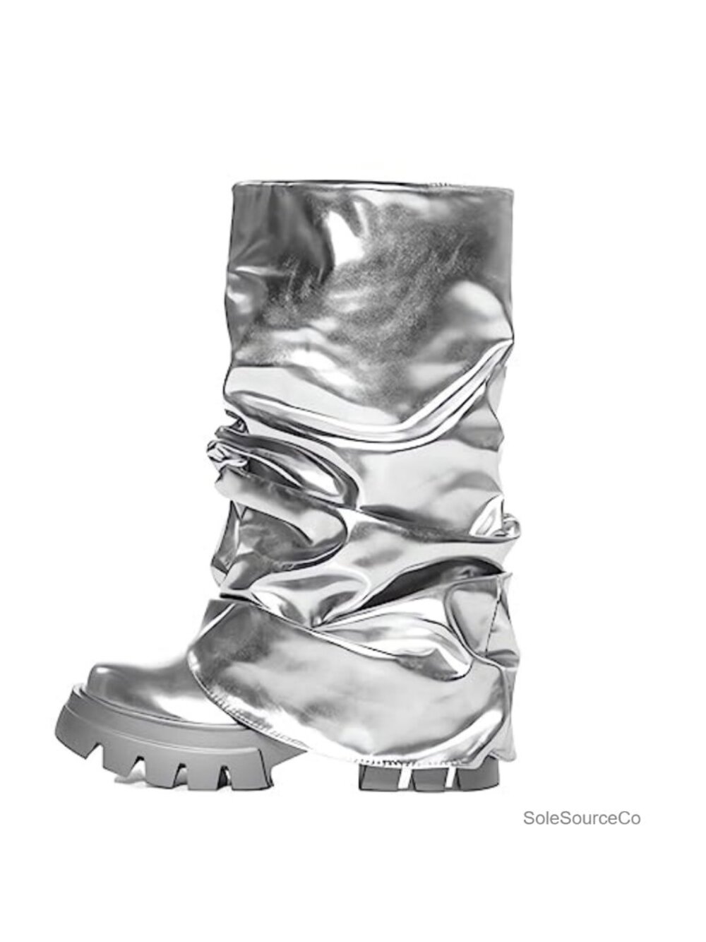 Women's Metallic Ruched Platform Heel Pull On Mid-Calf Boots